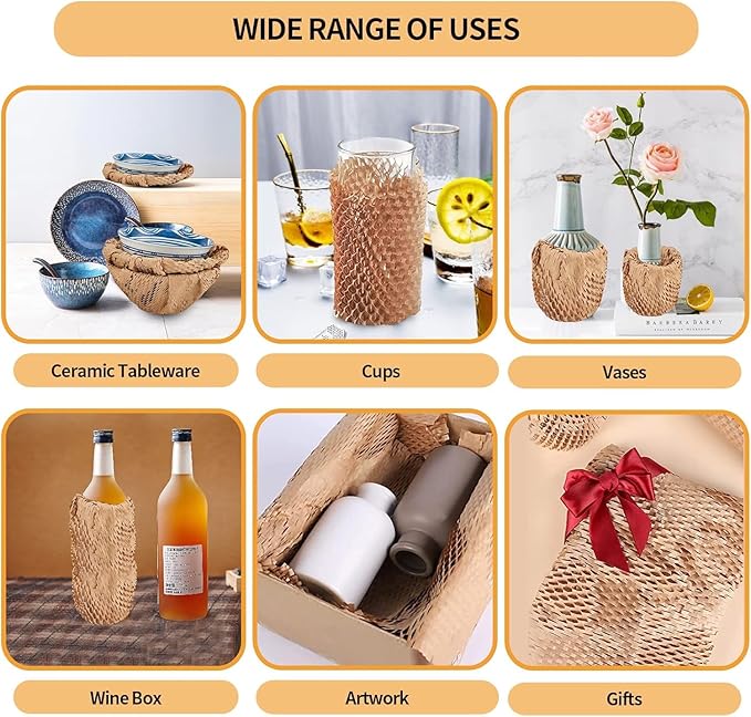 Honeycomb Packing Paper, 15"x300' Honeycomb Cushioning Bubble Wrap Paper Roll for Moving Shipping Breakables Packaging Gifts with 20 Fragile Sticker Biodegradable & Fully Recyclable Brown Kraft