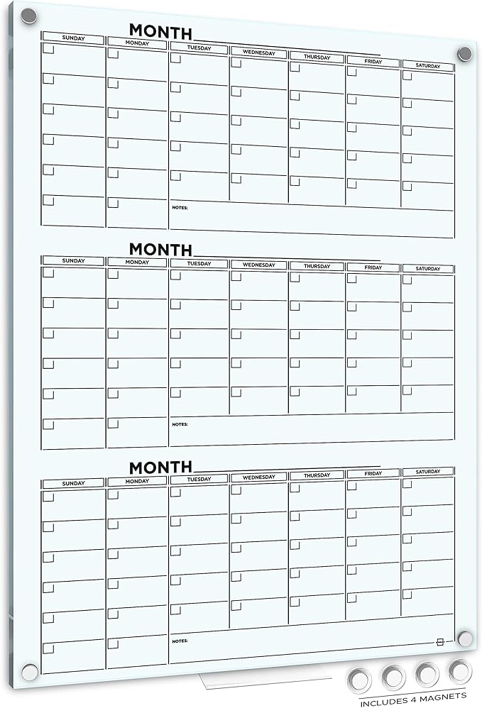 Glass Whiteboard Calendar 34x46” Quarterly Planner White Board Dry Erase Board 3 Month for Wall Glass Whiteboard Home Office Large Wall Calendar 2025 & Marker Tray