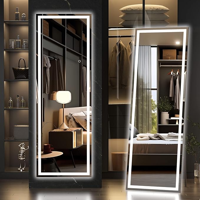 Hasipu Full Length Mirror with Lights, 56" x 15.8" LED Floor Mirror, Full Body Dressing Standing, Hanging Mounted Mirror for Living Room Bedroom Cloakroom, Square Black