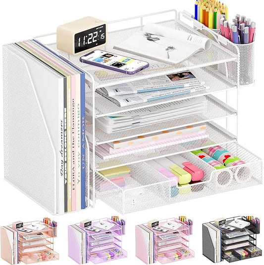 Desk Organizers and Accessories, 5-Tier Paper File Organizer with Drawer & Pen Holder, Office Desk Accessories Workspace Desktop Organizer for Office Supplies (White)