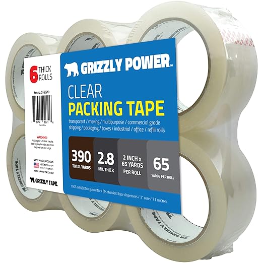 Grizzly Power Clear Packing Tape Refill Rolls for Shipping, Moving Packaging - True 2 Inch x 65 Yards, 2.8mil Thick, 6 Rolls