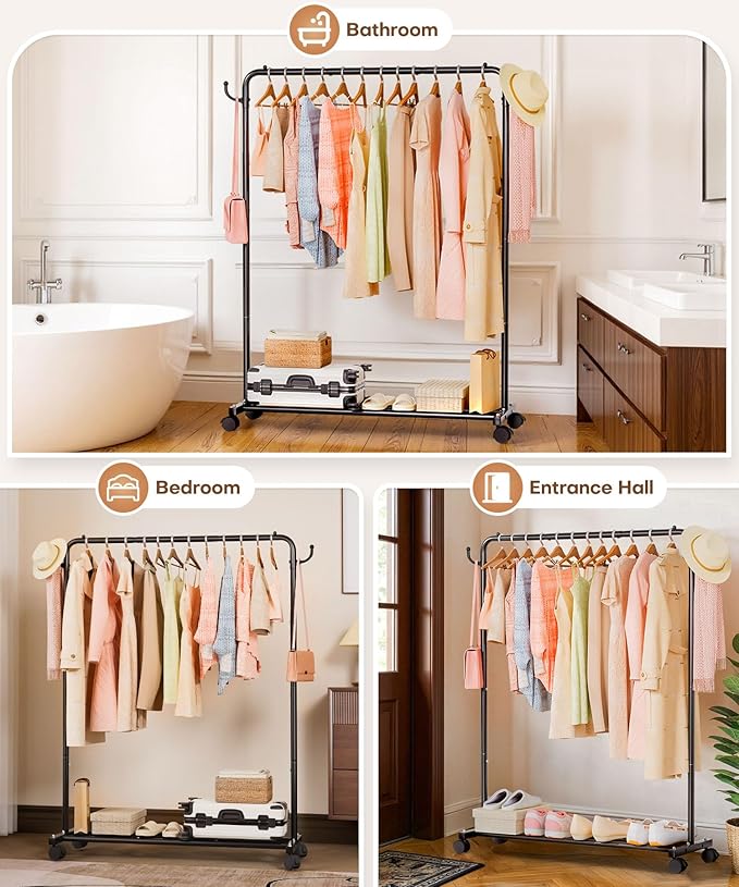 Homde Heavy Duty Clothes Rack: 120lb Standing Garment Storage for Indoor - Rolling Hanging Rod for Bedroom Laundry Room - Coat Dress Organizer on Wheels with luggage shelf (Black，46")