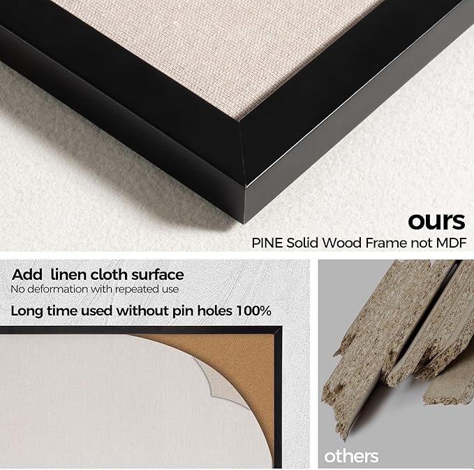 Fun Memories Cork Board Bulletin Board for Office, 20" x 30" Pine Wooden Framed Corkboard, Wall Mounted Notice Pin Board for School Home & Office, Black