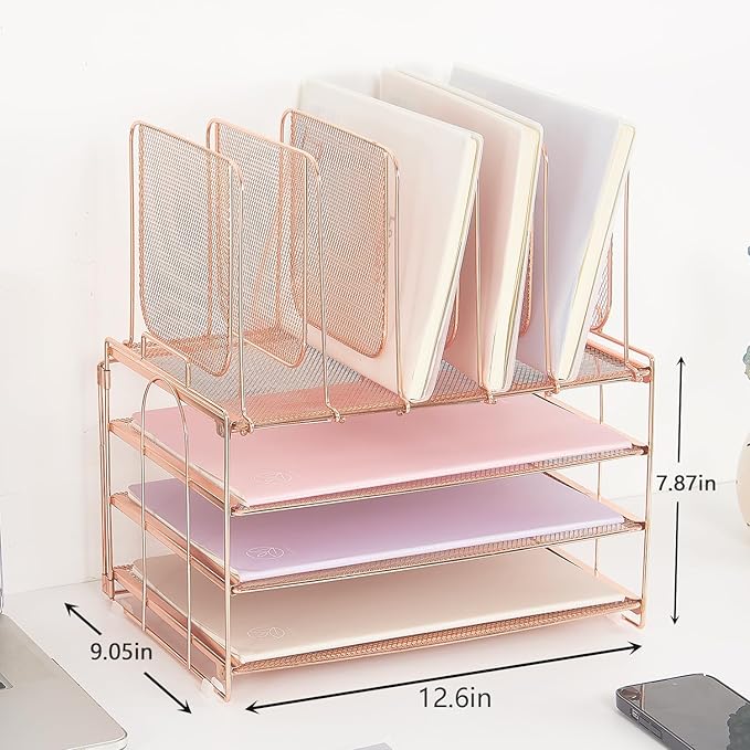 Desk Organizers and Accessories, 3-Tier Paper Organizer with 5 Vertical File Holders, File Organizer for Desk (Rose Gold, 3T)