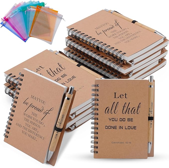 Christian/Encouragement Notebook and Pen Set with Bible Verses,12 Pack Spiral Notebook with Bible Verse Pens and Gift Bags, Prayer Journal, Church Notes,Bible Study Supplies for Church Members