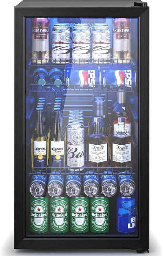 Beverage Refrigerator Cooler, 120 Can Drink Fridge with Glass Door for Soda Beer or Wine, Digital Temperature Control, Mini Fridge for Bedroom, Bar, Office (Black, 3.23 Cu.Ft)