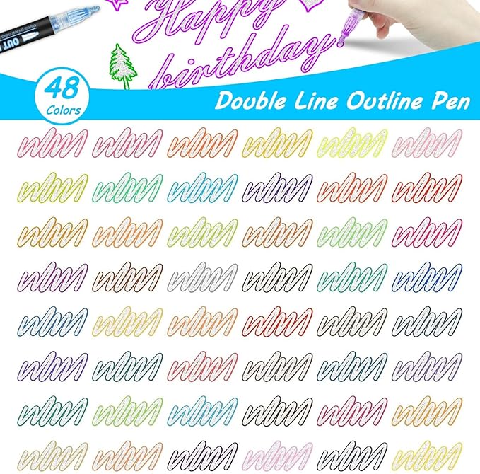 Double Line Outline Markers, 48Colors Super Squiggles Shimmer Outline Marker Pen Set, Self Outline Metallic Markers Glitter Writing Drawing Pens for Birthday Greeting Card, Doodling, DIY Art Crafts