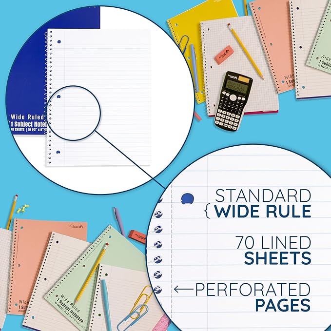 Blue Summit Blue Wide Ruled Spiral Notebooks Bulk, 1 Subject Spiral Notebook Wide Ruled, Paper School Bulk Notebooks, 48 Pack