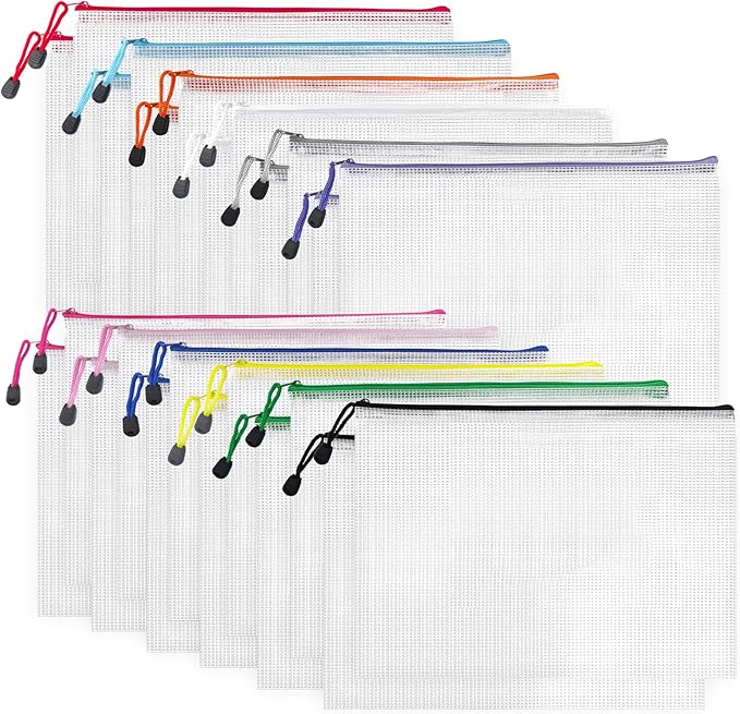D-KINGCHY 24Pcs Zipper Storage Bags, Plastic Mesh Zippered Pouch for Organization, Waterproof Versatile Bags for Office Supplies School Travel