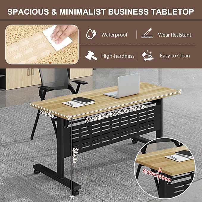 Folding Conference Room Table, Modern Conference Tables with Wheels, Large Rectangular Mobile Training Tables for Office Classroom, Foldable Modular Boardroom Seminar Table Maple (8pack L47.2in)