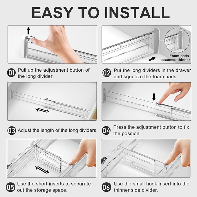 HiYZ Expandable Drawer Dividers with Inserts - 2.36'' High Adjustable Drawer Organizers Separators for Kitchen, Bedroom, Dresser, Office, 8 Long Dividers(12.6-22.8'') with 16 Inserts(3.9-7.1'')-Clear