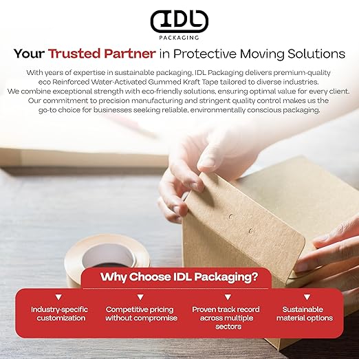 IDL Packaging 3" x 375 feet Reinforced Water-Activated Kraft Gummed Tape 70lb Thickness (Pack of 6) - Secure Paper Packing Tape for Secure Carton Sealing - Heavy-Duty for All Conditions, Brown