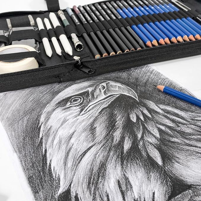 H & B 50 Pack Drawing Set Sketching Kit, Pro Art Supplies with 3-Color Sketchbook, Include Colored, Graphite, Charcoal, Watercolor & Metallic Pencil, for Artists Adults Beginner