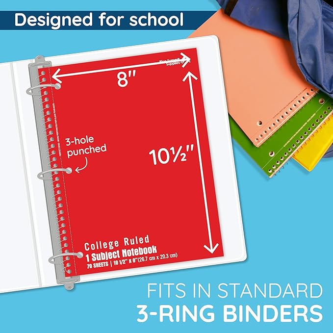 Blue Summit Spiral Notebooks Bulk, One Subject Spiral Notebook College Ruled, Perforated Notebook, 8 x 10.5 for Work and School, Paper, College Ruled, Bulk 48 Pack