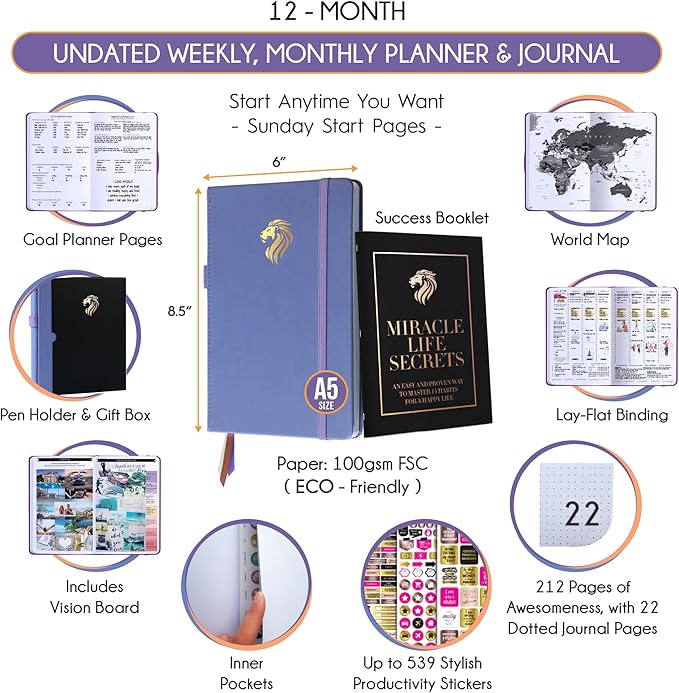 Hourly Planner - Undated Daily, Weekly & Monthly Planner with Budget Section | A 12 Month Journey to Increase Productivity & Happiness | Life Organizer & Gratitude Journal - Vertical Format