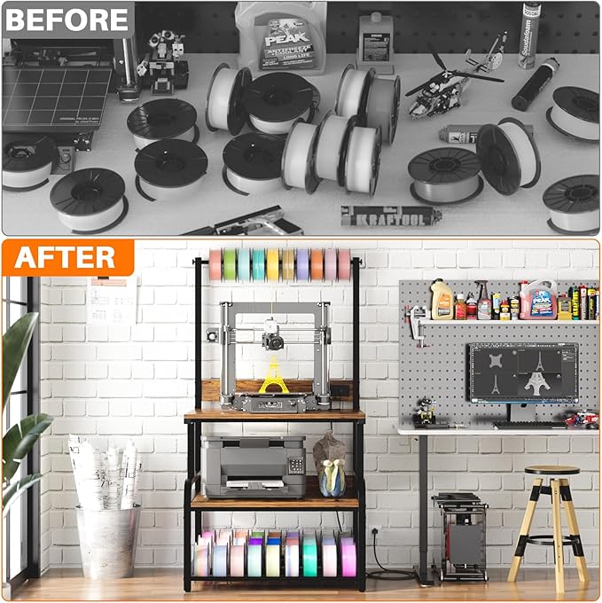 Homieasy Printer Stand with Charging Station, 29.1" x 22.8" Large 3D Printer Table with Filament Storage, Heavy Duty Rolling Printer Cart with 4-Tier Storage for Workshop/Office/Garage, Rustic Brown