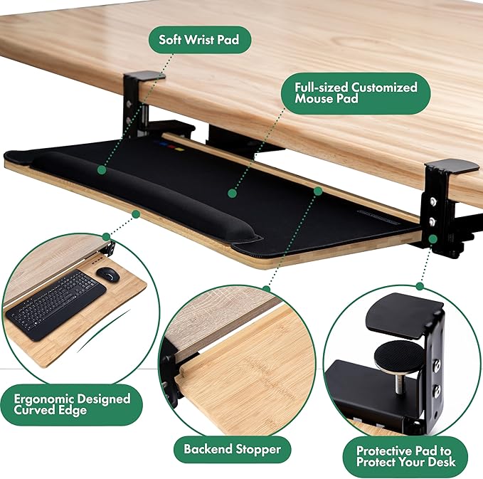 D'vine Dev Under Desk Keyboard Tray with Wrist Rest Bamboo Wood Keyboard Drawer and Mouse Pad, Original Wood, KBT-1