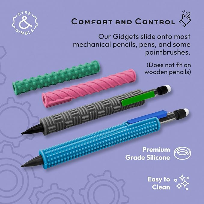 Gyre & Gimble Pencil Gidgets – Textured Silicone Pencil Sleeve for Quiet Fidgeting – Transform Your Mechanical Pencil into a Sensory ADHD Tool for Kids and Adults – 4 Sleeves & 2 Pencils