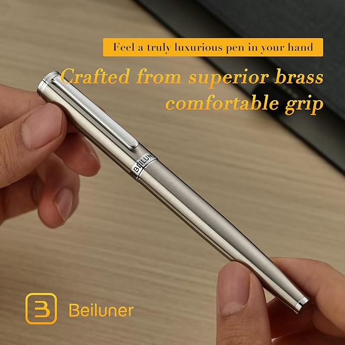 BEILUNER Luxury Fountain Pen Set, Solid 24K Gilded Fine Nib, Silver Stainless Steel Body- Includes 6 Ink Cartridges & Ink Refill Converter with Gift Case - Perfect for Men and Women