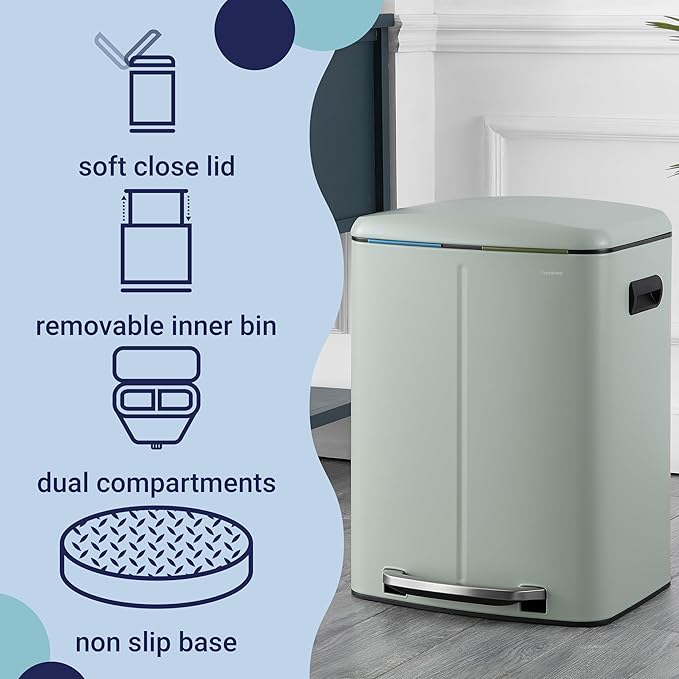 happimess HPM1005E Marco Rectangular 10.6-Gallon Double Bucket Trash Can with Soft-Close Lid, Fingerprint Resistant, Modern, Minimalistic for Home, Kitchen, Office, Bathroom, Pistachio Gelato
