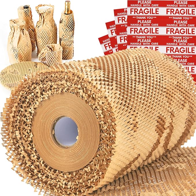 Honeycomb Packing Paper Wrap 15''x12000" (1000 ft), Substitute Alternative for Bubble Cushioning Wrap for Moving Shipping Packaging, Recyclable Moving Supplies with 48 Fragile Sticker Labels