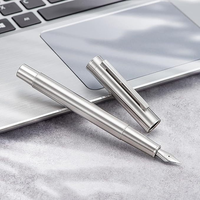 Hongdian 1861 Stainless Steel Fountain Pen Medium Nib, Classic Design Smooth Writing Pen with Converter and Metal Pen Case Set
