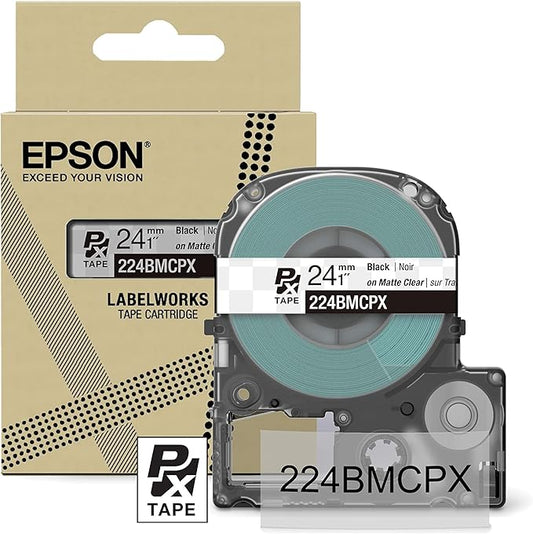 Epson LABELWORKS 224BMCPX Genuine PET (Polyester) Tape Cartridge - Black on Matte Clear Designer Craft Label Maker Tape - 1" (24MM) Wide, 26'