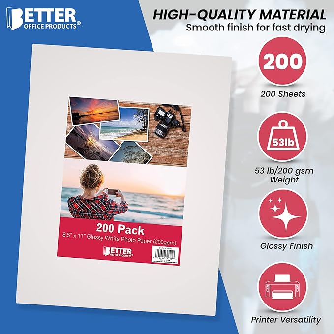 Glossy Photo Paper, 8.5 x 11 Inch, 200 Sheets, by Better Office Products, 200 gsm, Letter Size, 200-Count Pack