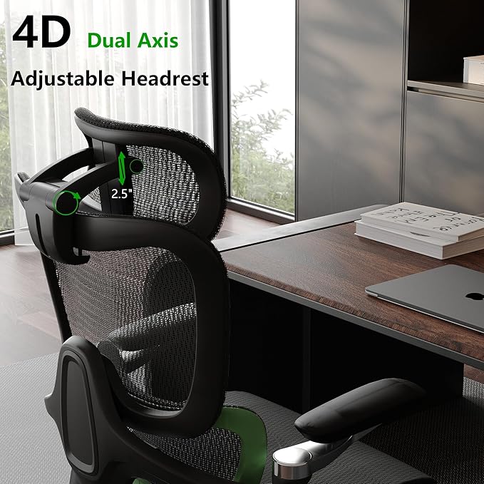 Ergonomic Office Chair, Mesh Home Office Desk Chair with Adaptive Lumbar Support, Gaming Chair with Headrest, 5D Armrest,90-130°Tilt, BIFMA Certified, Model Zen (Green)