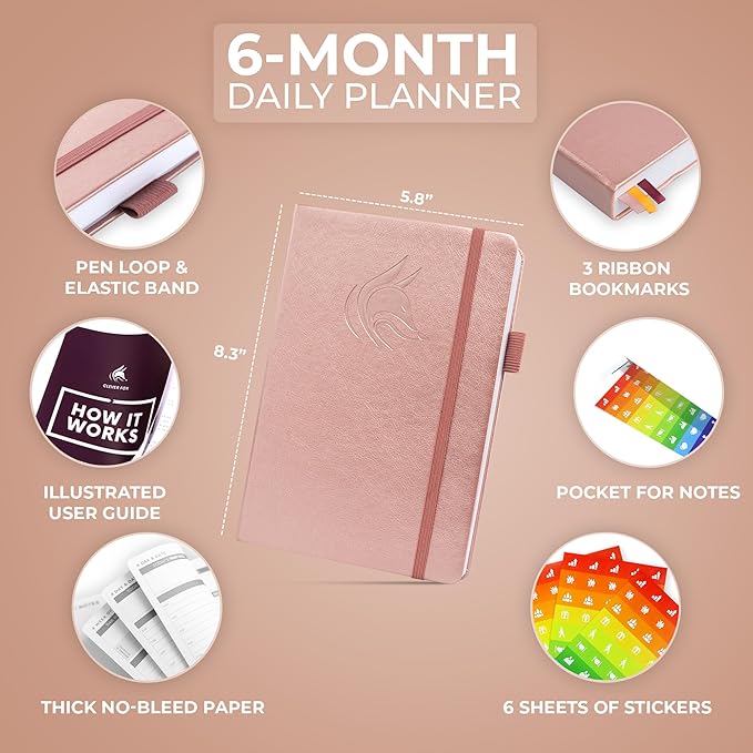 Clever Fox Daily Planner – Undated Planning Notebook with Hourly Schedule & To-Do List – Personal Day Task & Work Organizer, 6 Months (Rose Gold)