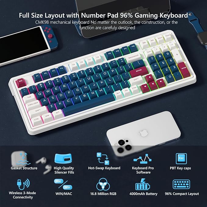 CMK98 Wireless Mechanical Keyboard with Number Pad,Tri-Mode Hot Swappable 99 Key Custom Gaming Keyboard, Linear Switches Gasket Creamy Keyboard RGB for Win/MAC (Blue Red)