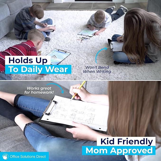 Black Plastic Clipboards (Set of 6) Multipack - 12.5x9 Inch Clipboard Holds 100 Sheets, Low Profile | Colored Acrylic Clip Boards in Bulk for Kids & Professionals