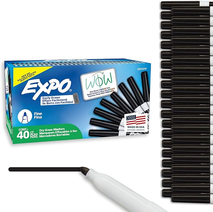 EXPO Dry Erase Markers, Low Odor Ink, Black, Fine Tip, 40 Count