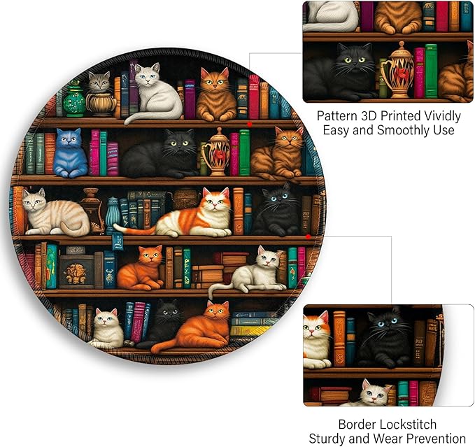 Cats and Bookshelf Mouse Pad, Small Round Mouse Pads for Desk, Mini Travel Mousepad for Wireless Computer Laptop, Office Desk Accessories, 8.6 x 8.6 inch