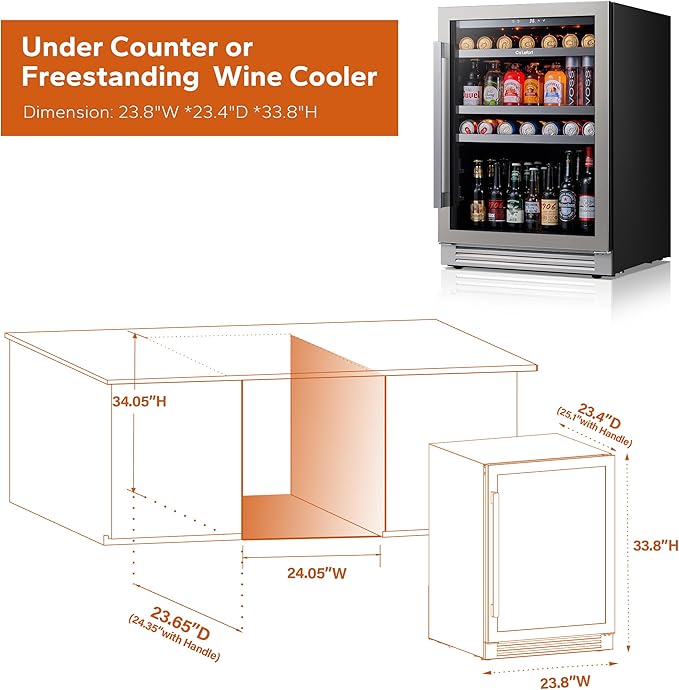 Ca'Lefort 24 Inch Beverage Refrigerator, 180 Can 34°F -54°F Beverage Fridges, Drink Fridge with Glass Door 3 LED Beverage Coolers Built in or Freestanding, Perfect for Home/Kitchen(5.65 cu.ft)