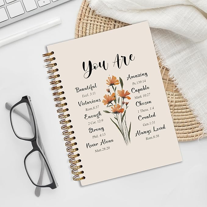 Bible Notebook, A5 Spiral Christian Journal with Floral Pink Butterfly Notebook, Bible Verse-God Says You Are, Inspirational Notebooks for Women, Bible Study, Gift for Birthday Christmas