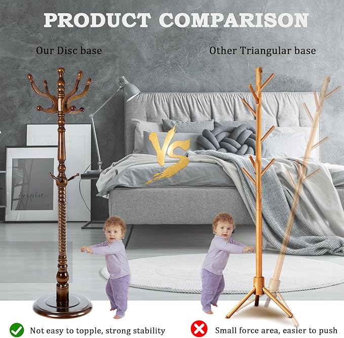 Coat Racks FreeStanding with 11 Hooks, Natural Wood Coat Rack with Solid Round Base, Adjustable Height Coat Racks, Easy Assembly for Hallway, Bedroom and Office (Walnut-Solid Round Base)