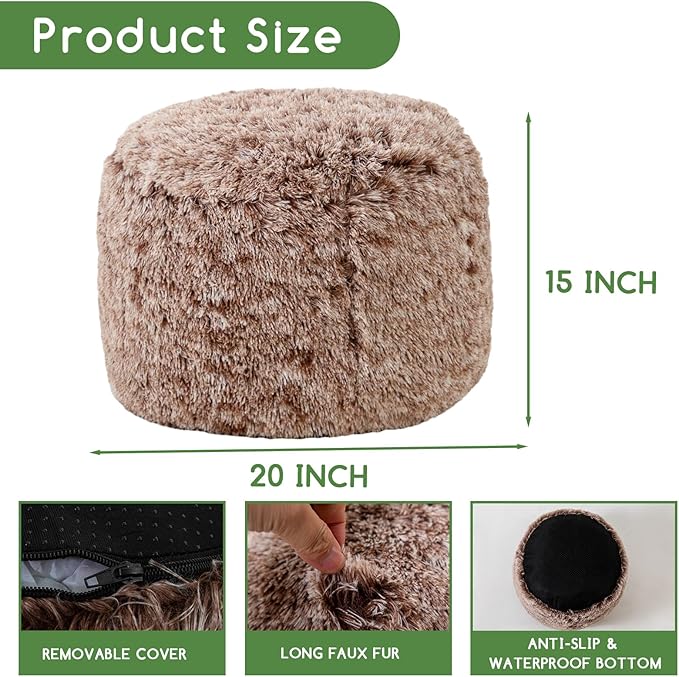 HIGOGOGO Round Stuffed Pouf Ottoman, Long Faux Fur Poufs with Foam Chunk Filling, Fluffy and Furry Pouf Foot Stool Storage Ottoman, 20 X 15 Floor Poufs Foot Rest for Living Room, Snow Coffee