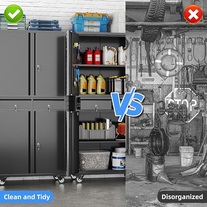 Garage Storage Cabinet with Wheels, Metal Storage Cabinet with 2 Drawers and 2 Adjustable Shelves, Metal Lockers with Pegboards for Homes, Offices, Kitchens, Schools and Pantries