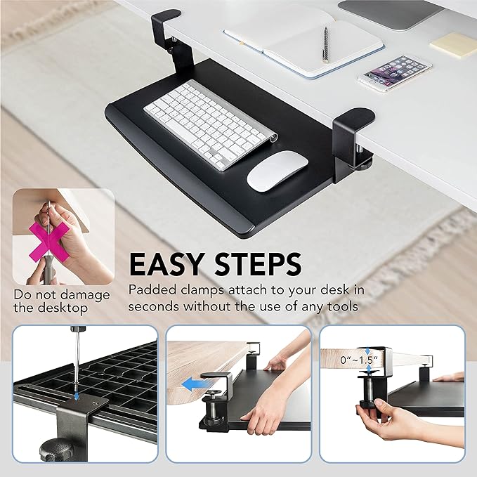 EHO Clamp-On Retractable Adjustable Keyboard Tray, Under Desk Ergonomic Keyboard Tray - Easy Tool-Free Install - Small Surface 20" (24.8" Including Clamps) x 11.5"