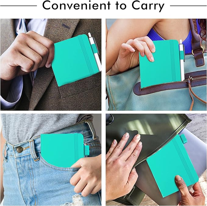 feela 15 Pack Pocket Small Notebooks Bulk, Mini Cute Memo Notepads Hardcover College Ruled Lined Journals with Pen Holder for Women Girls Office School, with 15 Black Pens, 3.5”x 5.5”, A6, Aqua