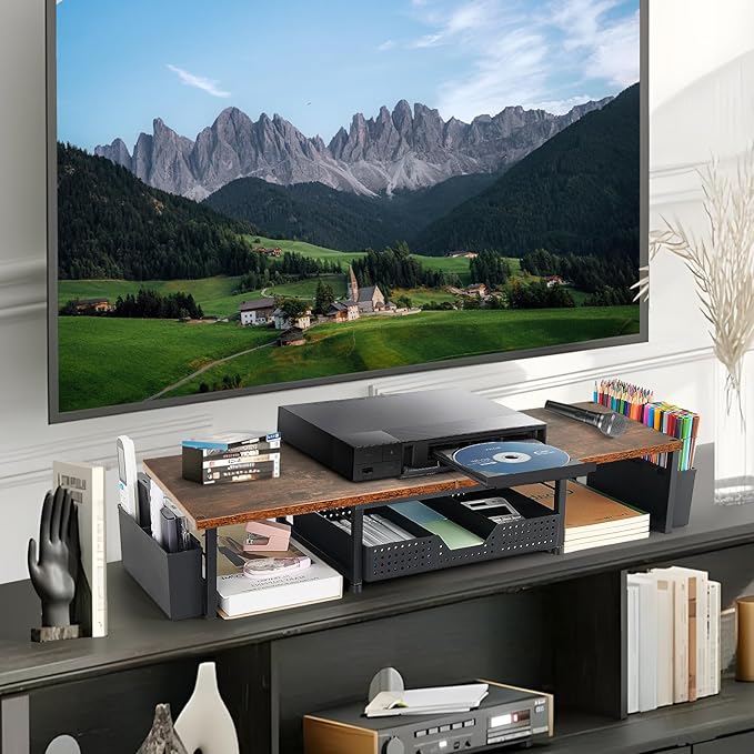 Desk Dual Monitor Stand Riser - Desk Organizer with Drawer and Pen Holders, Office Desk Accessories & Workspace Organization, Computer Monitor Stand for Laptop, Printer, TV, Office Decor, Wood