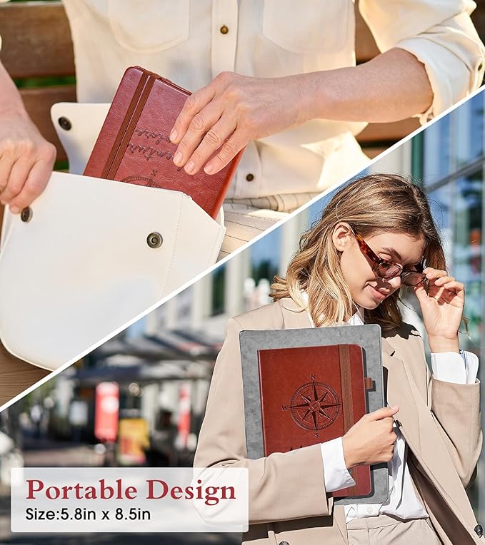 Dotted Journal Notebook for Women Men, 160 Pages Dot Grid Paper,Inner Pocket, A5 Hardcover Vintage Leather Notebooks for School, Work, Travel, Note Taking，Bullet Journaling 5.8"x8.5" (Brown)