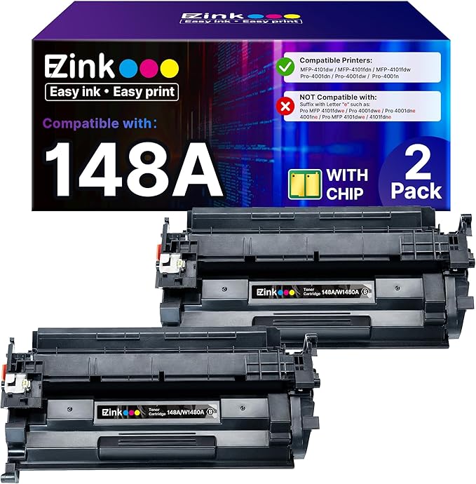 E-Z Ink 148A Toner Cartridge (with Chip) Replacement for HP 148A Toner Cartridge W1480A 148X W1480X to Use with Pro MFP 4101fdn 4101fdw 4001dn 4001n Printer (Black, 2 Pack)