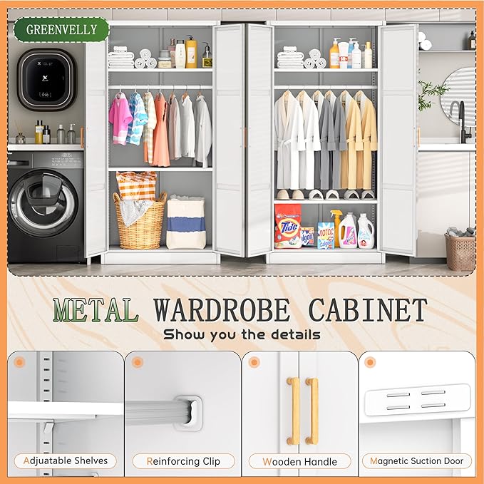 Greenvelly Metal Wardrobe Cabinet with Wooden Handle, 72" Metal Wardrobe Closet with Hanging Rods and Adjustable Shelves, Clothing Storage Closet Cabinet for Home, Office, Employee, Gym (White)