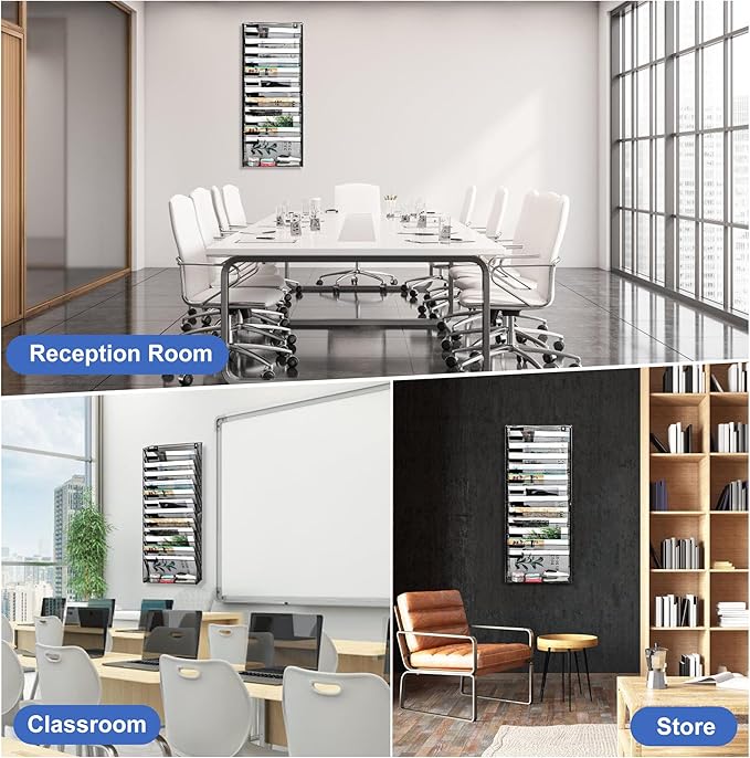 EasyPAG 14 Tier Wall File Holder with Flat Tray, Black | Easy Assemble Mesh Desk File Organizer | 13-Folder Paper Storage | Replaceable Classify Labels | Space Saving Mail Organizer for Office Home