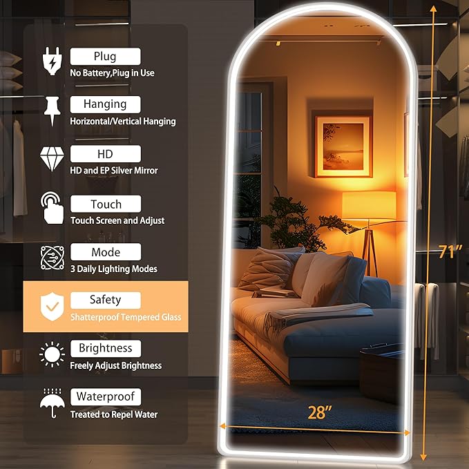Hasipu 71" x 28" Led Mirror - Full Length, Arch Design, Wall Mounted, Dimming & 3 Color Modes