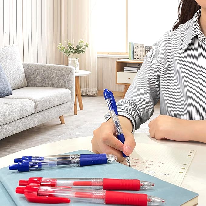 Blue Ballpoint Pens for School Office with Rubber Grip，Fine(0.5mm) Point Retractable-Set of 12 Writing Pens