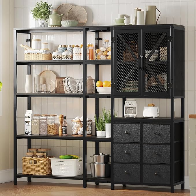 Corner Bookshelf, 5 Tier Industrial Convertible Bookshelf with 6 Fabric Drawers, Corner Bookcase Large L Shaped Storage Display Shelf for Home Office, Living Room, Kitchen, Black