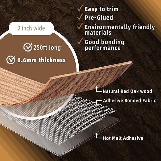 GSCIT Club Red Oak Edge Banding, 2 inch x 250ft roll of Veneer Plywood Edge Banding Preglued Flexible, Wood Tape Banding for Cabinet Repair